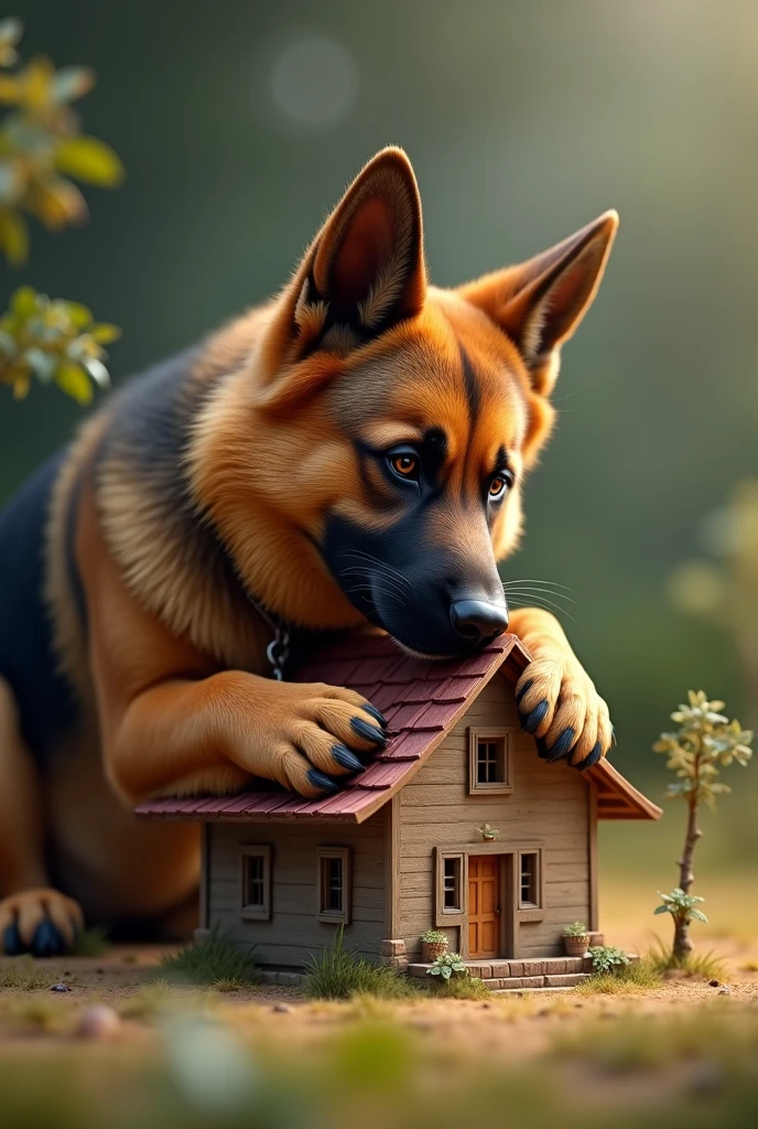 A German shepherd dog sitting and holding on to a mini house with his face resting on the roof of the house , looking at it with love and care