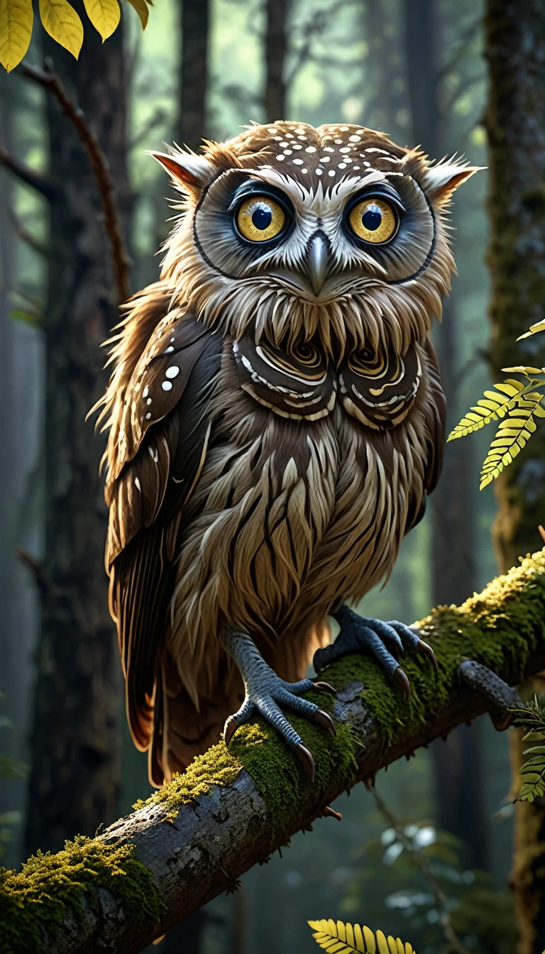 A creature with a human face and two pairs of eyes perched on a branch in the mountain forest.(best quality,4K,8k,High level,masterpiece:1.2),Ultra Detailed,(lifelike,Photo real,Photo real:1.37),Highly detailed animals,Complex patterns,Realistic lighting