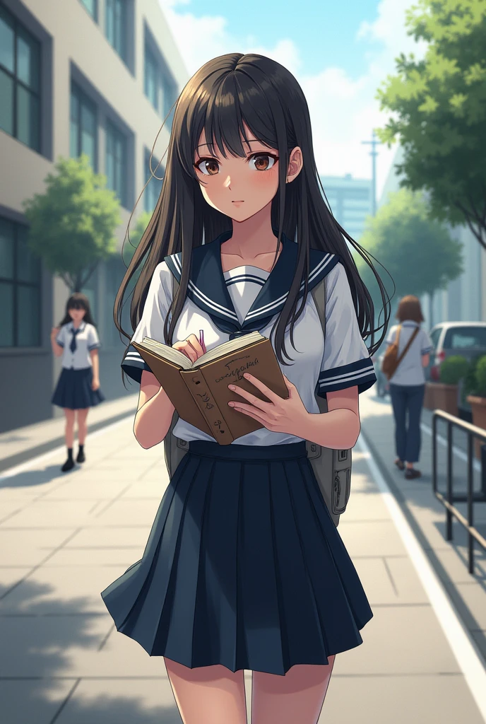 A student girl in uniform is on the way of school sketching