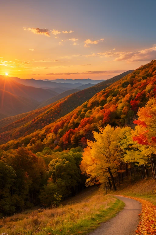 Mountain、autumn leaves、sunset