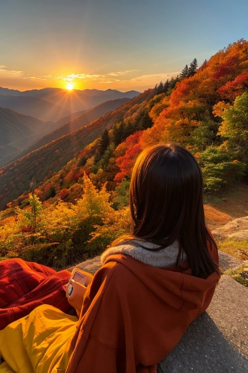 Mountain、autumn leaves、sunset