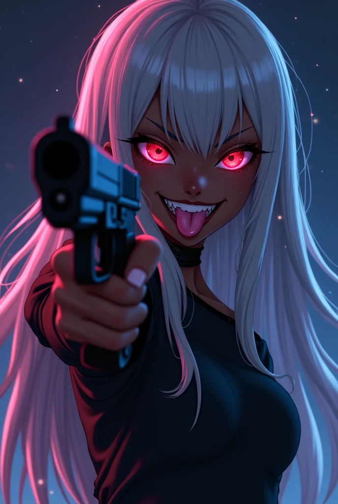 Black girl with white hair, white eyebrow, white eyelashes, brown skin tone, with an evil grin tongue out, pointing a gun at the camera, a night with lighting tones pulled towards purple and a bit of blue, art style: アニメ