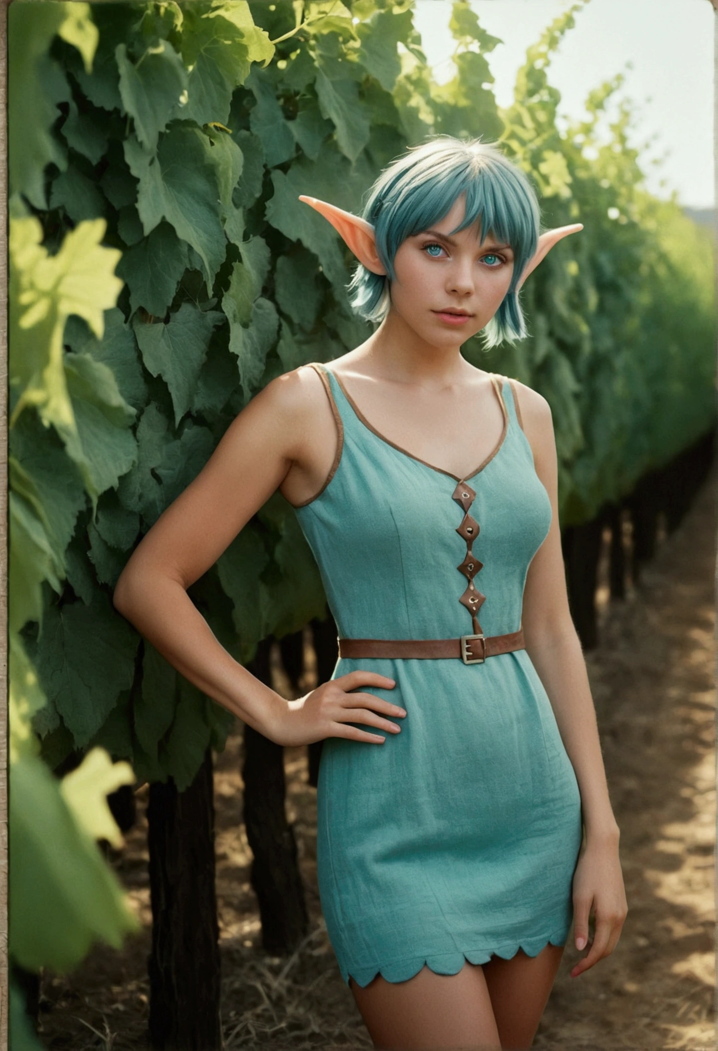 og film photo, photo of a young elf girl, elf, elf ears, long pointy ears, Azure eyes, shaggy bob cut, tan complexion, tall stature, full hourglass figure, voluptuous hips, plump round buttaring a linen mini-dress, posing in a Mediterranean vineyard, resembles Taylorr Swift, RAW Photograph, dslr, soft lighting, high quality, film grain, Fujifilm XT3, detailed skin with visible pores, insane details, masterpiece, 8k, 35mm photograph, dslr, kodachrome, faded film, desaturated, grainy, vintage, Lomography, stained, highly detailed, found footage, close-up shot, elven ears