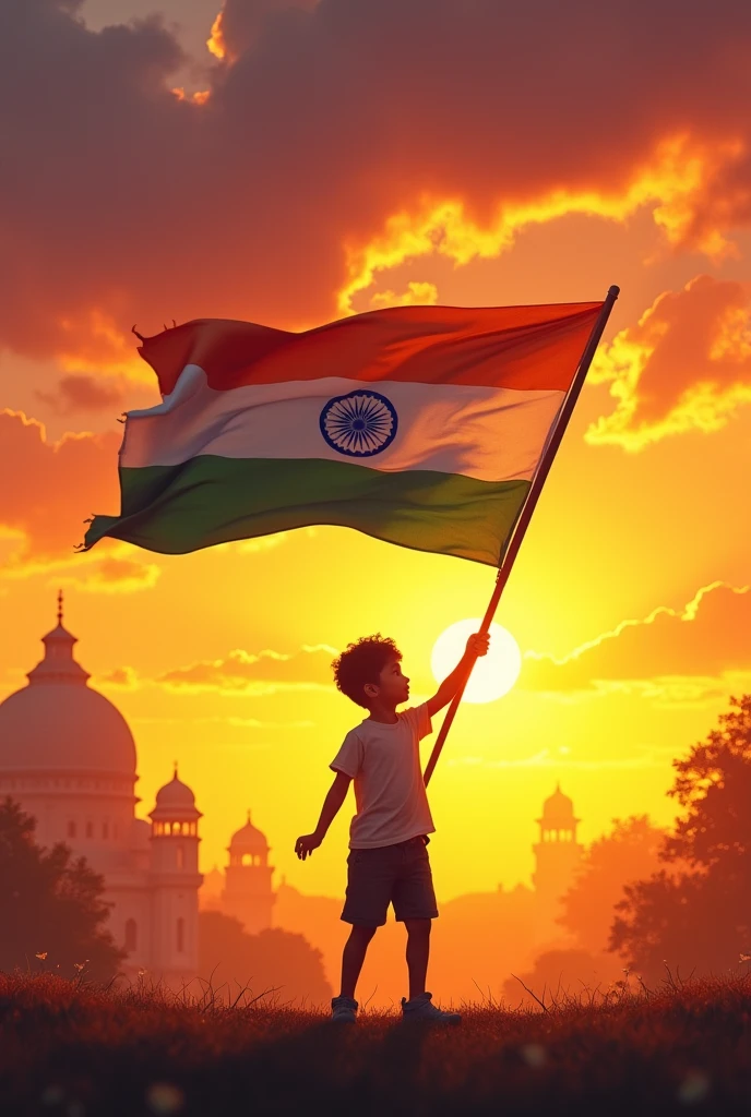 Indian flag holding by a boy standing during sunset