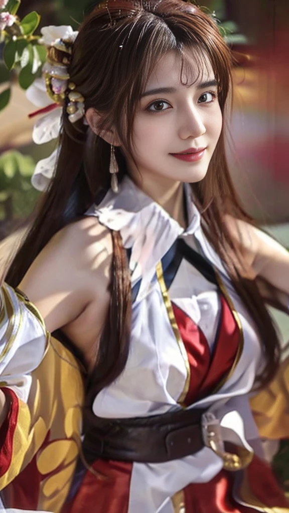 Diaochan from Sangoku Musou 8,masterpiece、1 cute girl、17-year-old high school student、smile,fine eyes、puffy eyes、bright outdoors,Bright downtown、highest quality, 超High resolution, (reality: 1.4), movie lighting、Japanese、Asian Beauty、Korean、super beautiful、beautiful skin、body facing forward、whole body,Upper body、(Ultra-realistic)、(High resolution)、(8k)、(very detailed)、(Beautiful and fine eyes)、(Super detailed)、 (wall-)、detailed face、bright lighting、professional lighting、looking at the viewer、look straight ahead、slanted bangs、brown hair、Nogizaka idol、Very large breasts，ditch，Lace panties