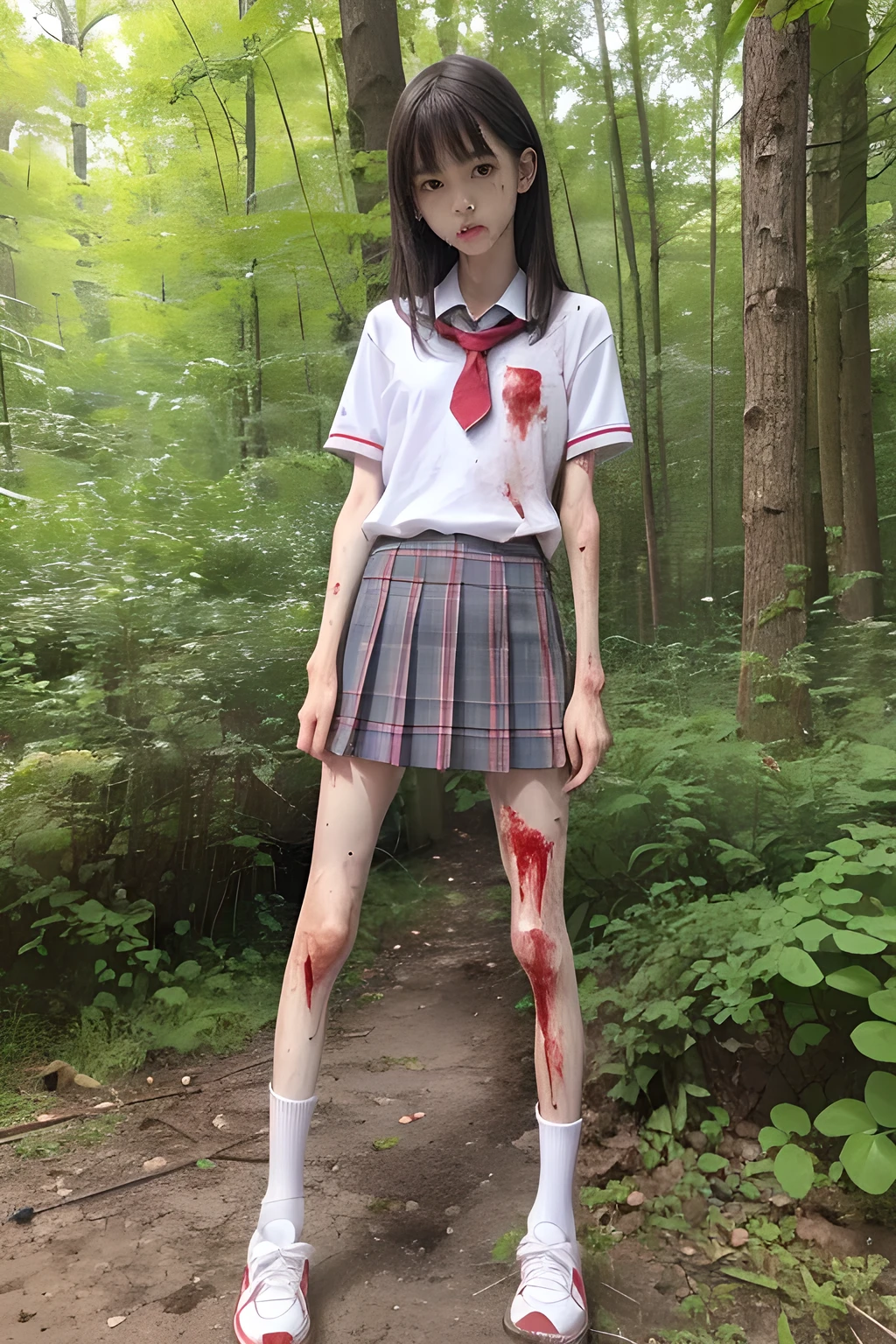 (8K、RAW Photos、highest quality、masterpiece:1.2), (Realistic、Photorealistic:1.2), (High resolution skin:1.1), Beautiful young girl,japanese, ,small breasts,(Slender girl:1.3),(Thin legs:1.3),plaid short skirt,school uniforms, (White socks), Short sleeve,sneakers, whole body,forest,standing,(dirty:1.3),(wounds,bloody legs:1.5)