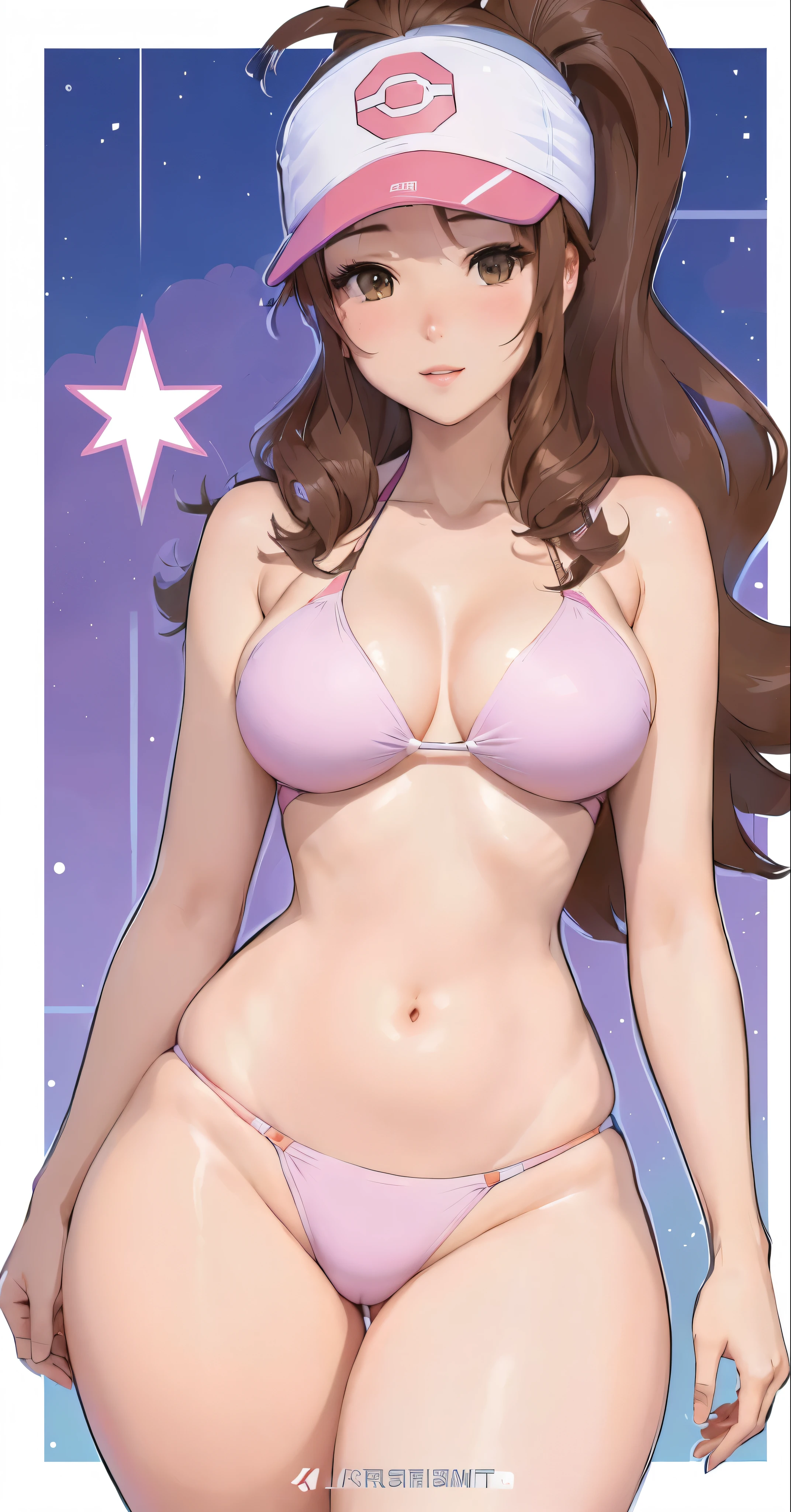 a cartoon picture of a woman in a bikini and a visor, thicc, marin kitagawa fanart, is wearing a swimsuit, swimsuit, nishimiya shouko, oppai, oc commission, brown hair and a perfect body, oppai proportions, fullbody commission for, in a bikini, cel - shaded art style, commission for high res, realistic bikini,black bikini