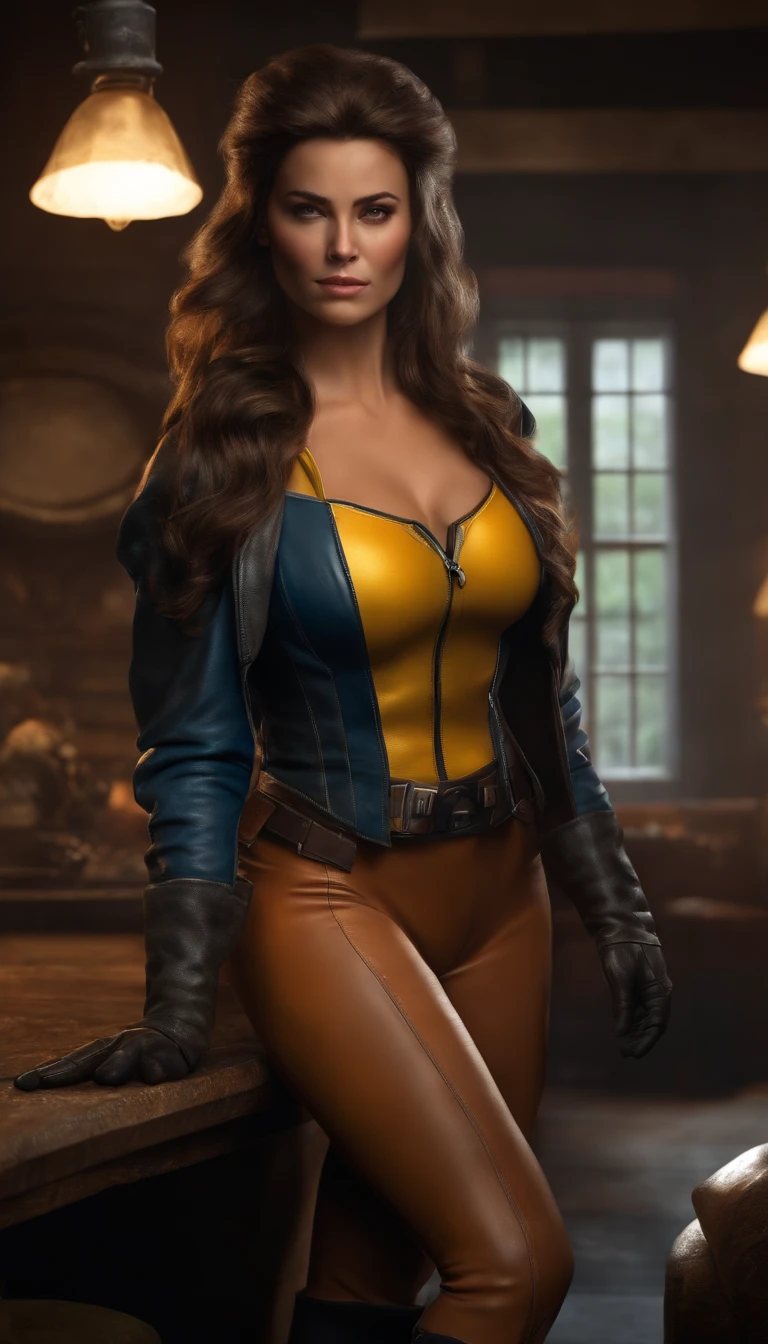 Best Quality, Masterpiece, Ultra High Resolution, (Realism: 1.4), Original Photo, 1Girl, Female Wolverine, Cinematic Lighting,Female Wolverine,8K, Ultra realistic, Detailed Clothes, Detailed ,Curvy Body, Gigantic Bust, Gigantic Buttocks 