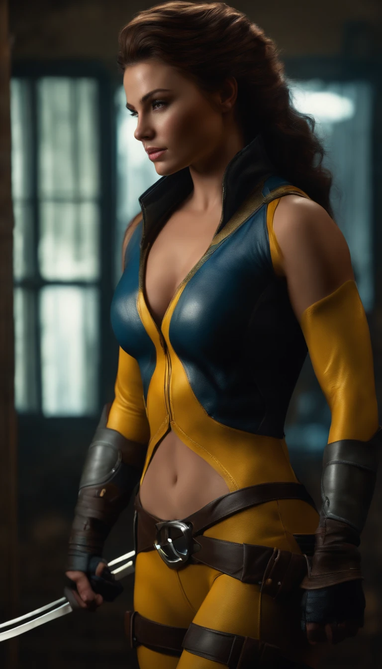 Best Quality, Masterpiece, Ultra High Resolution, (Realism: 1.4), Original Photo, 1Girl, Female Wolverine, Cinematic Lighting,Female Wolverine,8K, Ultra realistic, Detailed Clothes, Detailed ,Curvy Body, Gigantic Bust, Gigantic Buttocks 