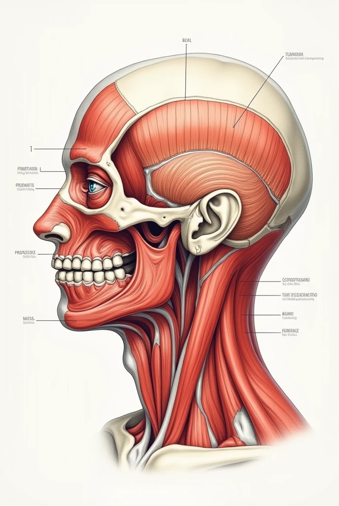 Make a drawing, it should only have the following parts indicated on it 1.frontal, 2.orbitaria, 3.infraorbitaria, 4.nasal, 5.oral, 6.mentoniana, 7.esternocleidomastoidea, 8.cervical lateral, 9.cervical posterior, 10.bucal, 11.parotidomaseterina, 12.infratemporal, 13.cigomática, 14.temporal, 15occipital and 16parietal. the image must have the sixteen parts in Spanish and well located and correctly indicated and must be in Spanish