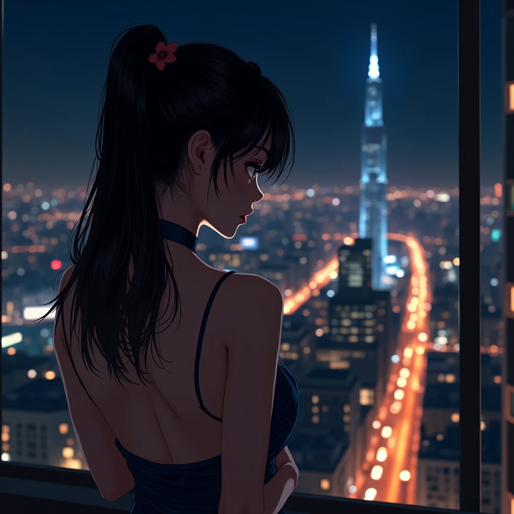 (masterpiece)), ((Highest quality)), (Very detailed), ((cute)), cute, (cute), ((sexy)), (device), ((Very detailed)), 4K, (8k), Browsing Caution, A young Japanese idol, ((topless)), Standing on the balcony of a luxury hotel at night. She turns her back to the camera、Gazing at the city lights. She is covering her chest with her arms. The glittering cityscape is depicted in the background. Very detailed, Sophisticated, artistic, tasteful.