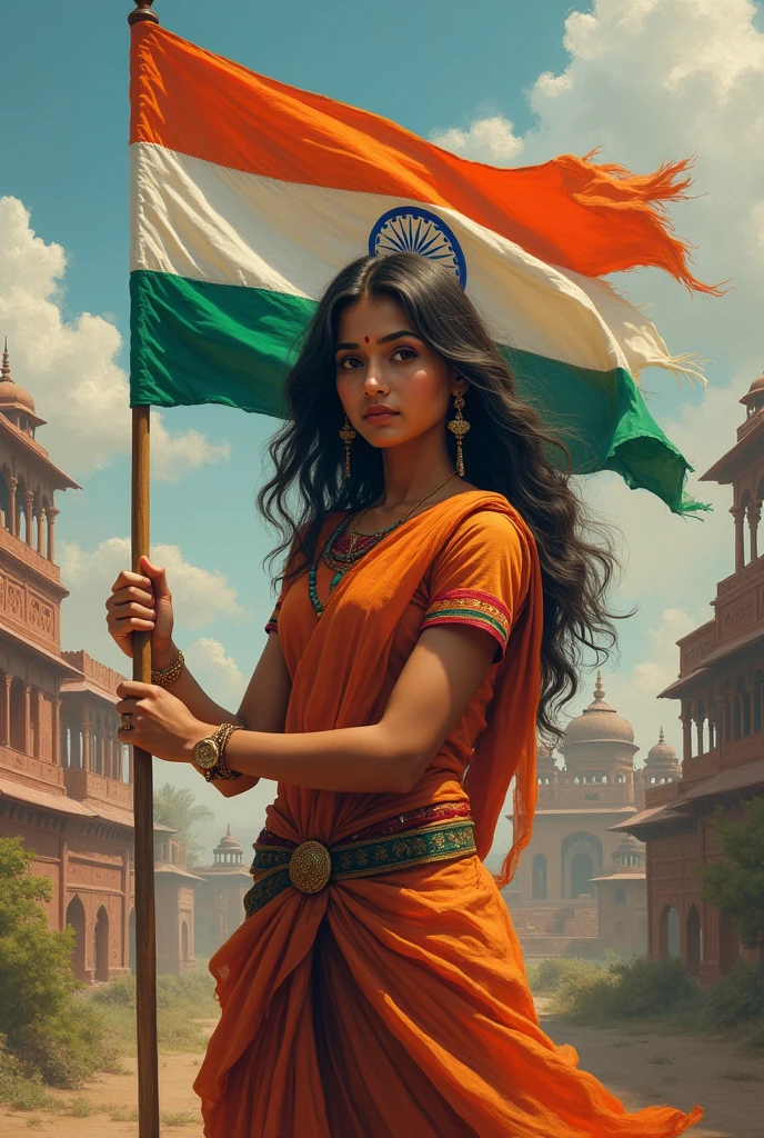 A 18 years old girl named MANISHA holding indian flag, she is wearing