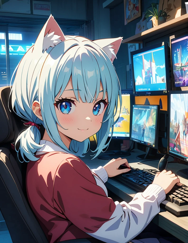 (anime artwork, anime style, studio anime, very detailed, up to date, vibrant, Anime Coloring, high contrast, masterpiece:1.2, best quality, best aesthetics),1 girl,light Blue hair,short Mullet hair,Best quality,light smile,{{gaming pc}}, {{gaming chair}}, holding_controller, foreshortening,(cat ear:1.5),perfect anatomy,blue eyes, 