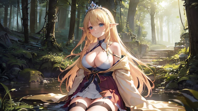 best quality、Highest image quality、Super beautiful elf beauty((22-year-old OL with big bust、Bust 90,Beautiful long permed hair、Blonde、Slender、beautiful tiara、high quality、Elf ears、Happy smile、myth、Sexy的、extremely good、Mysterious Forest、in the woods、super high quality, Super detailed, Ultra-clear, forest, one person, long blonde hair, sleep, Swimsuit, dress, dress, Bathrobe, mini skirt, Stockings, Sexy, looking into the distance,Overlooking, posture, attitude, model
