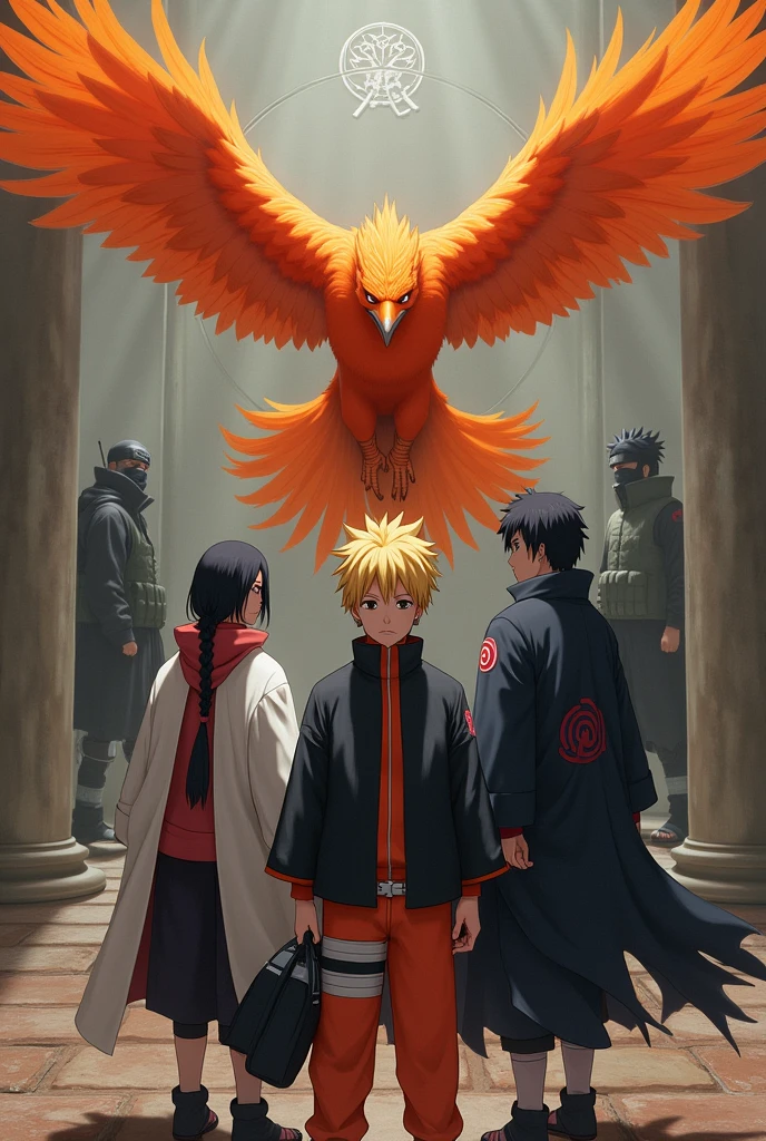 PICTURE REALISTIC, orange phoenix, Naruto faces, sasuke, hinata, Kakashi, boruto. floor, traverser, Karate symbol.