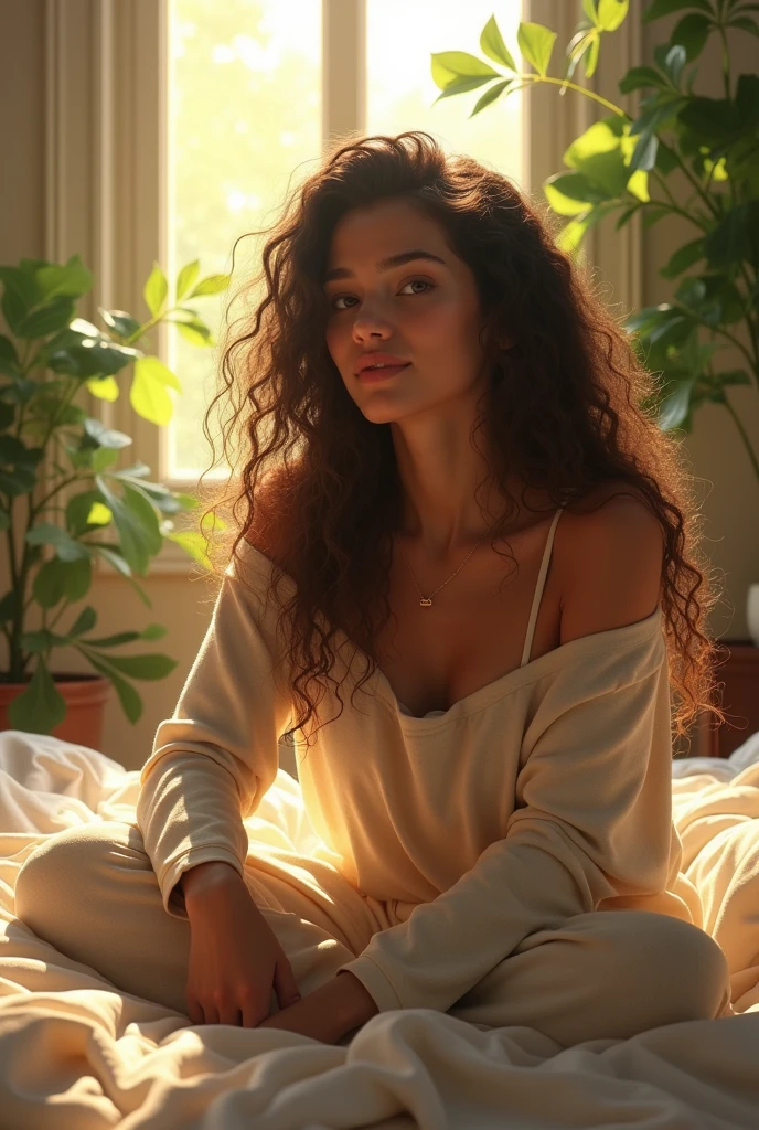(photorealism:1.2), beautiful woman, sitting on bed, wearing loose off-shoulder top, pajama pants, long curly hair, indoors, soft lighting, plants in background, window with sunlight, cozy room, relaxed pose, realistic, intricate details, warm colors, by Greg Rutkowski, by Alphonse Mucha