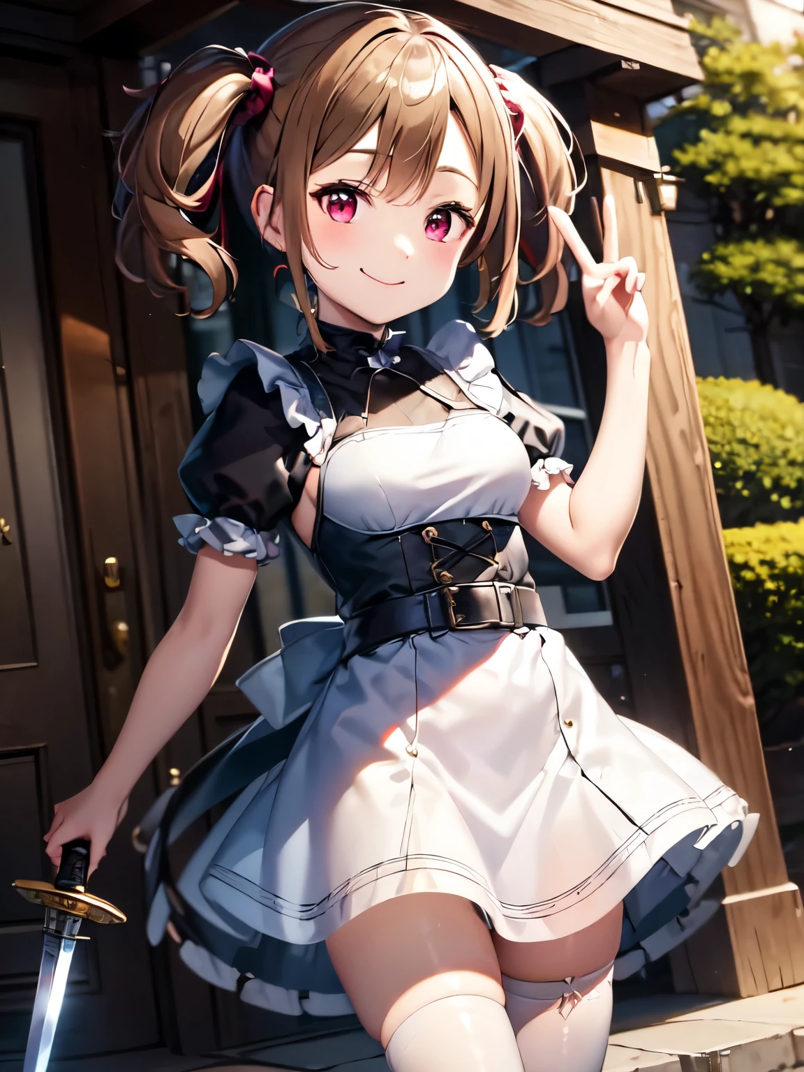 (masterpiece, Highest quality:1.2), Anime illustration style、smileのシリカ、(I have a sword in my hand:1.5)、Cute peace sign with hands、silica-sword art, alone、garden、garden、Standing、Closed Mouth、smile、Beautiful red eyes、Twin tails、White Victorian Maid Outfit、White gothic、goth clothes、4Ｋ，8Ｋ,(Genuine、Genuine志向、photograph、Genuine志向:1.3）、High resolution、超High resolution、超High resolutionの絵画、Cowboy Shot、 White maid outfit