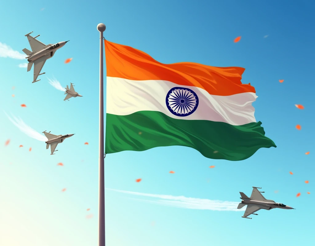 Indian flag hoisted with birds flying in background and Rafael jets flying above it