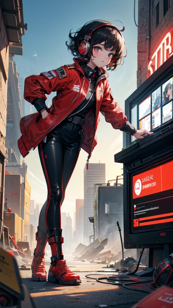 The metropolis of the future.A cute and charming oriental child,Wear headphones,Short curly hair,Wearing a red and white combat uniform,Wearing a combat coat,The tech watch displays the computer screen.,in the ruined city