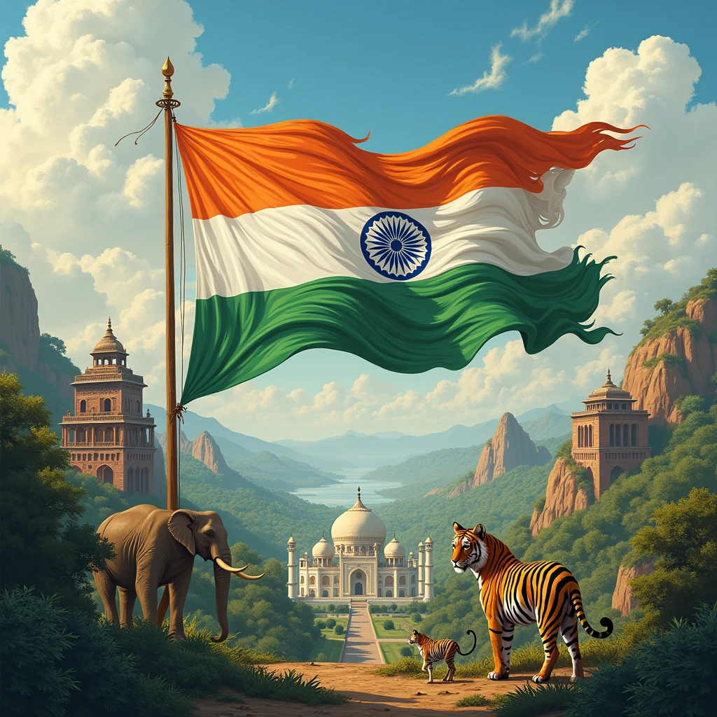 detailed intricate illustration of the Indian flag, vibrant colors of saffron, white and green, dynamic waving design, sun and lotus flower symbols, detailed architecture of historic Indian monuments, rolling hills and landscapes, elephants, tigers, peacocks, mystical spiritual elements, (best quality,8k,highres,masterpiece:1.2),ultra-detailed,(realistic,photorealistic,photo-realistic:1.37),digital painting, concept art, cinematic lighting, dramatic shadows, vivid colors