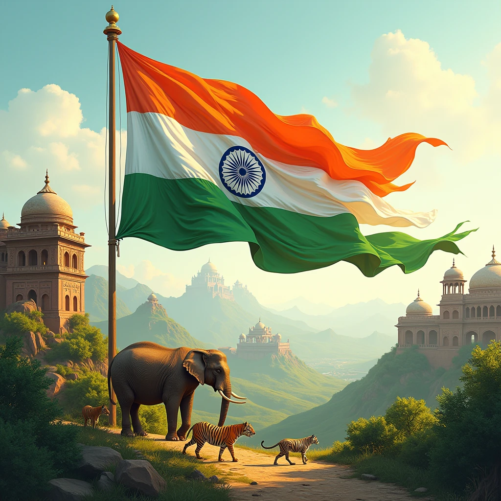 detailed intricate illustration of the Indian flag, vibrant colors of saffron, white and green, dynamic waving design, sun and lotus flower symbols, detailed architecture of historic Indian monuments, rolling hills and landscapes, elephants, tigers, peacocks, mystical spiritual elements, (best quality,8k,highres,masterpiece:1.2),ultra-detailed,(realistic,photorealistic,photo-realistic:1.37),digital painting, concept art, cinematic lighting, dramatic shadows, vivid colors