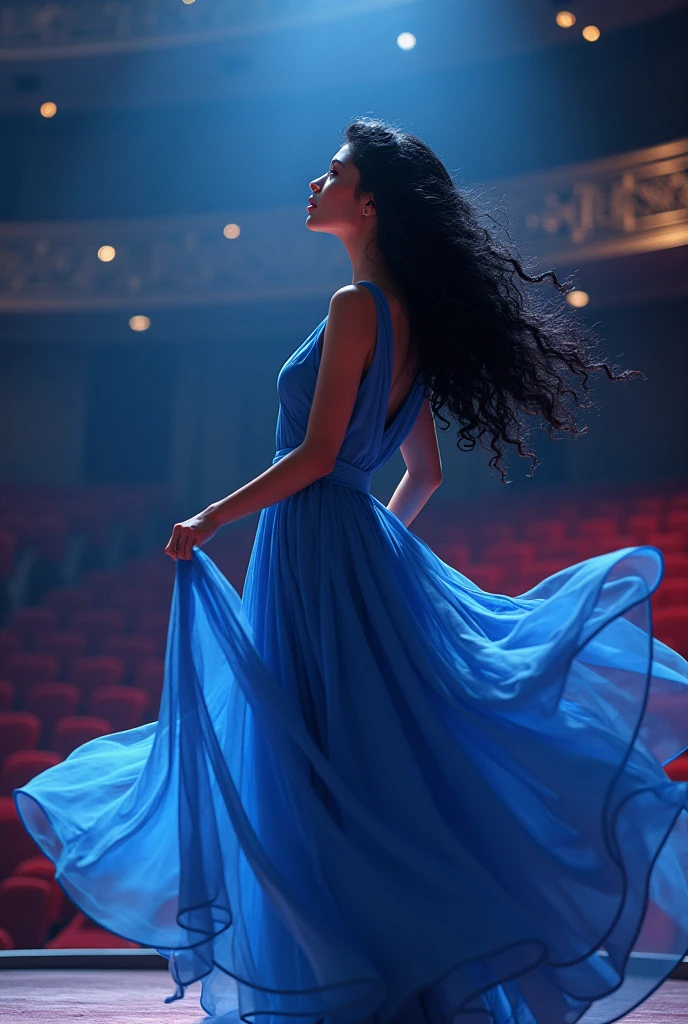 A woman between 20 and 25 years old with long curly black hair wearing a blue dress singing on a theater stage looking up in profile anime style 