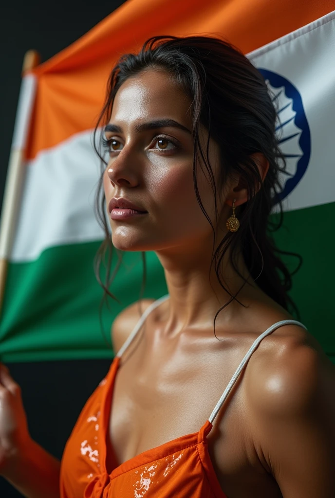 bare shoulder, lady, wears a wet shirt, holding a indian flag