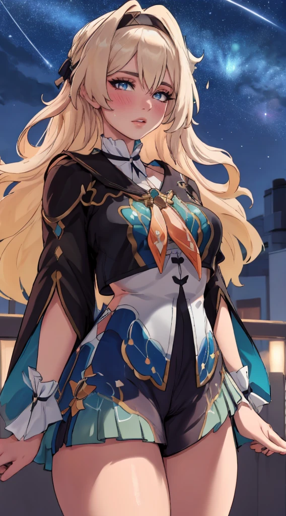  blonde hair shoulders , Blush bracelet Big breasts inside Big breasts blond Long hair Looking for another Looking at viewer Night sky outdoors, cut bright lips, olhos roxos sentados no sky estrelado (sky), black blouse, purple shorts sweat thick thighs beautiful copro thighs ultra-detailed,