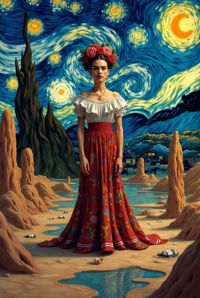 Frida Kahlo in a Dali painting setting with a Van Gogh starry sky
