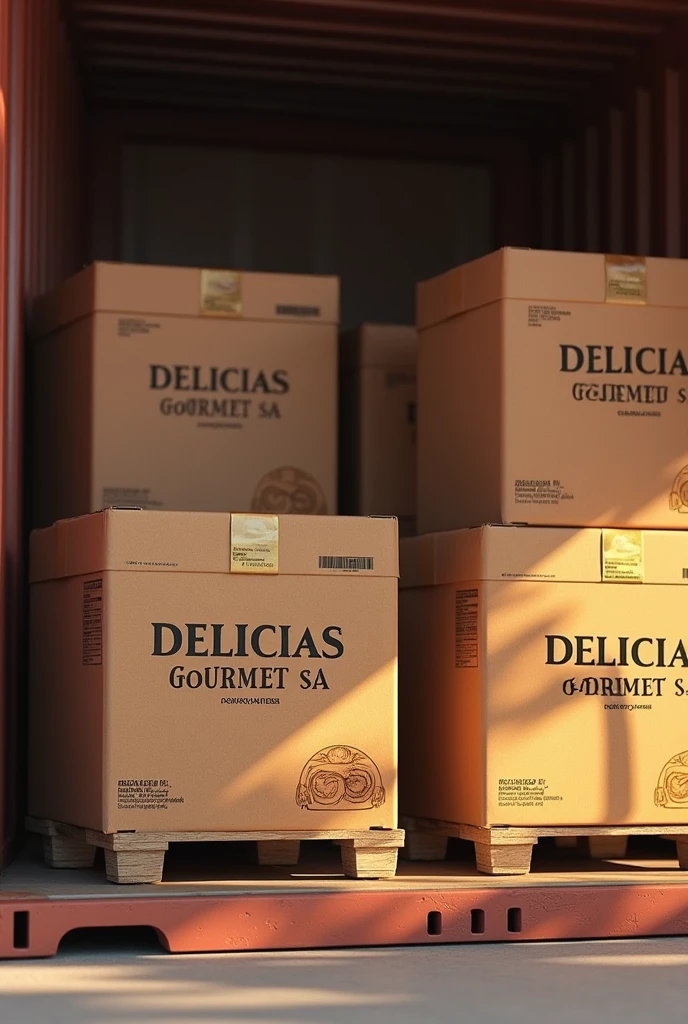 (photorealism:1.2), Shows several boxes grouped IN A CONTAINER WITH TAPES AROUND THE BOXES FOR TRANSPORT AND ON PALLETS and with instructions on how to handle the box. But these boxes should have the company name "DELICIAS GOURMET SA" that handles whole grain cookies with nuts in a container