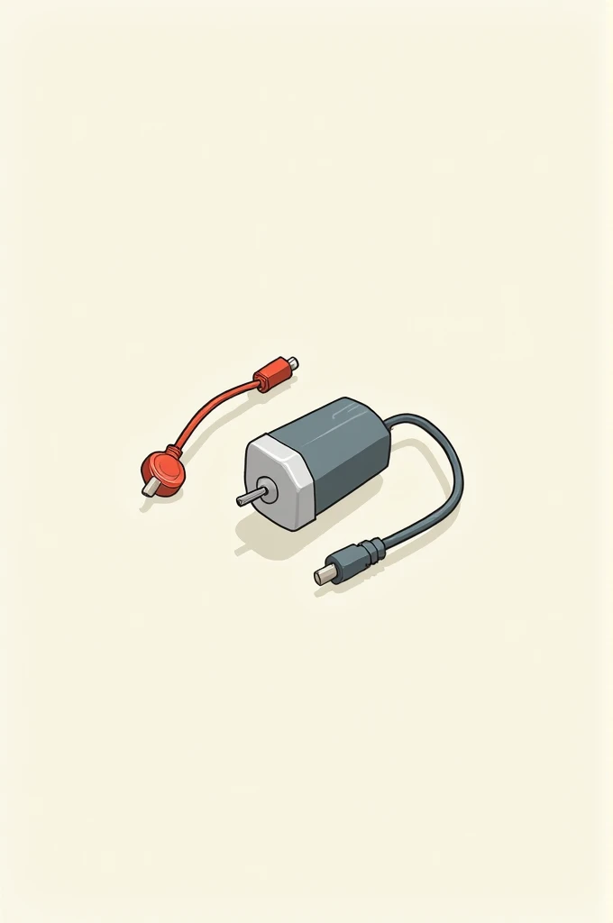 A simple drawing of a toy motor connected with 2 connection cables, that is, a jumper, one red and the other dark. 