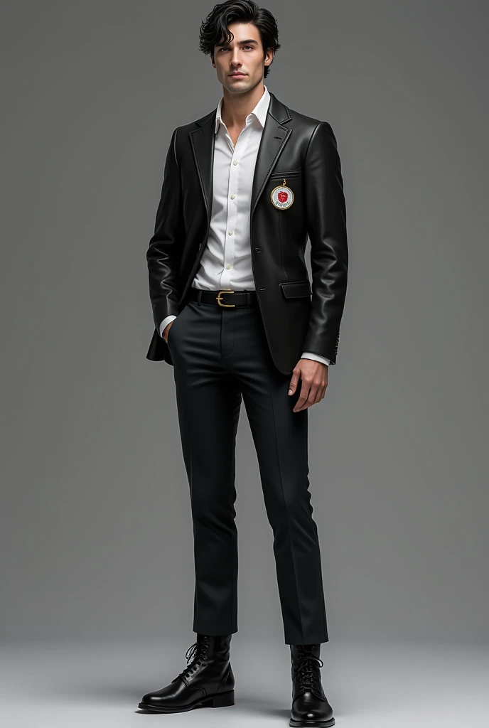 Physicist:
Complexion: Athletic and well defined.
Height: Approximately 1.85 meters.
hair: dark, Wavy, well groomed.
eyes: grises, with a calm and resolute expression.
face:
Characteristics: Facially attractive but with a reserved air. His expression should reflect calmness and determination.
outfit:
jacket: jacket de cuero negra, slim fit, with minimal and modern details.
shirt: shirt blanca de algodón, slightly fitted but comfortable.
pants: pants oscuros de algodón, straight cut.
Footwear: black leather boots, well-maintained and functional.
Accessories:
Celestial Clergy Badge: Subtly integrated into the jacket or a pin on the chest.
Posture:
Attitude: His posture should reflect confidence and professionalism, perhaps with a slight lean forward, indicating readiness and focus.