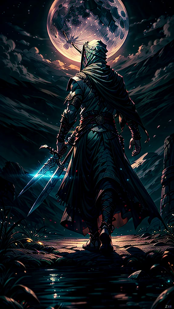In green color islamic drees muscular warrior wearing a long turban on his head a long veil on head backside full body cover islamic clothes in full moon night 8k quality fantasy illustration in a dark night fantasy illustration with aura nightview
Here’s the revised prompt including the Zulfiqar sword:
"A highly detailed illustration of an Islamic warrior walking firmly into the distance, facing away from the audience under a full moon night. The warrior is adorned in traditional Islamic attire, including a cloak on his head and a long chadar flowing behind him. He carries the iconic ((Zulfiqar sword,)) which has a split tip, strapped to his back. The scene is set in a vast desert under the dark sky, with rolling white clouds and thick smoke drifting into the air. Eagles soar above as the moonlight casts noticeable shadows and light effects. The image has a vivid color scheme with a focus on dark, deep tones, enhanced by light particle effects. The overall style is akin to an ink painting with clear layers, depth of field, and ray tracing, emphasizing the nocturnal atmosphere. This 8k quality image is suitable for a wallpaper, capturing the mysterious journey through a moonlit landscape."