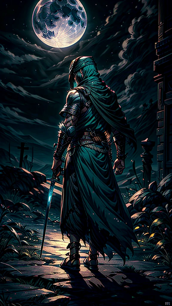 In green color islamic drees muscular warrior wearing a long turban on his head a long veil on head backside full body cover islamic clothes in full moon night 8k quality fantasy illustration in a dark night fantasy illustration with aura nightview
Here’s the revised prompt including the Zulfiqar sword:
"A highly detailed illustration of an Islamic warrior walking firmly into the distance, facing away from the audience under a full moon night. The warrior is adorned in traditional Islamic attire, including a cloak on his head and a long chadar flowing behind him. He carries the iconic ((Zulfiqar sword,)) which has a split tip, strapped to his back. The scene is set in a vast desert under the dark sky, with rolling white clouds and thick smoke drifting into the air. Eagles soar above as the moonlight casts noticeable shadows and light effects. The image has a vivid color scheme with a focus on dark, deep tones, enhanced by light particle effects. The overall style is akin to an ink painting with clear layers, depth of field, and ray tracing, emphasizing the nocturnal atmosphere. This 8k quality image is suitable for a wallpaper, capturing the mysterious journey through a moonlit landscape."