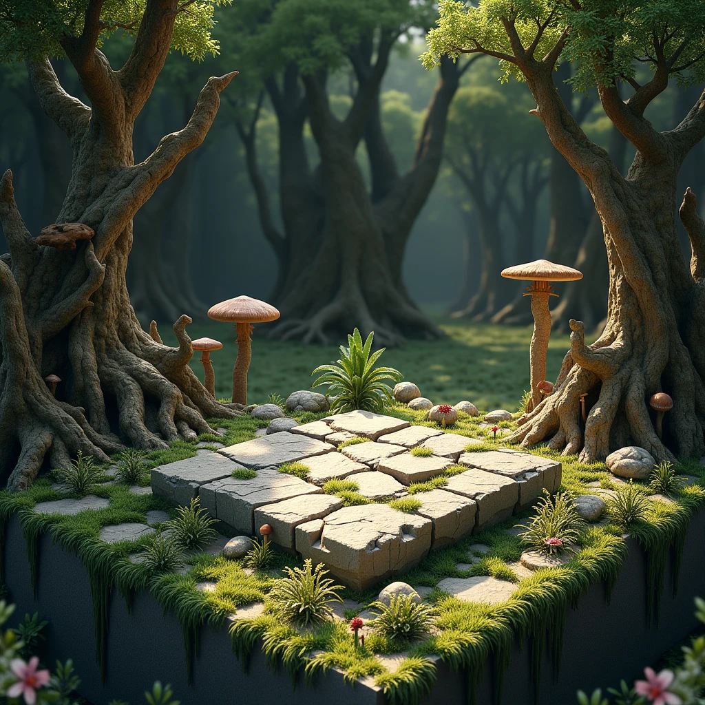 3D Model Games, Tribal style, Square land model of rocks, Ancient forest with rocks, Trees and mossy decaying wood, mushroom, Flower and grass growth