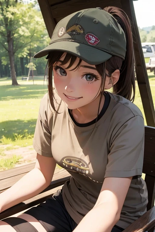 Camp Girls,solo, Age 20,High resolution, high quality, ponytail, Shallow brown hair, cap,Large Breasts, smiling, camp site,Sit on a chair
