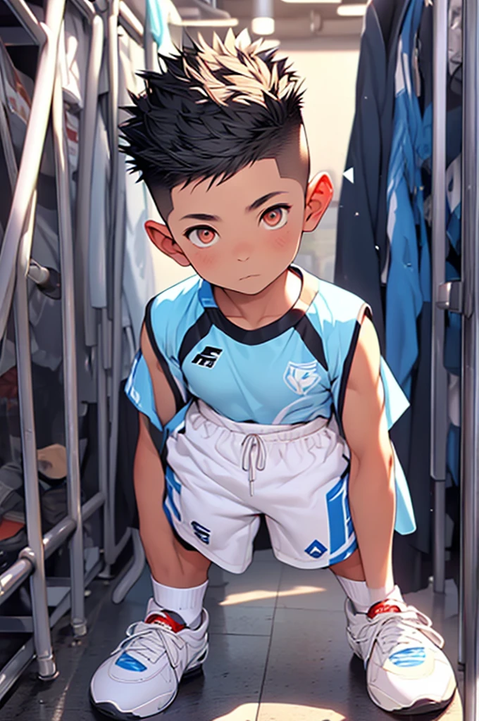 (Shota:1.5),(((Highest quality))),(((masterpiece))),(((Very detailed))),(((High resolution))),One person,((Soccer uniforms)),White socks,Blue sneakers,Cheerful boy,Japanese,Buzz Cut,(((Spiked Hair))),Black Hair,(Point pupils),Skinny body,Baby Face,Beautiful face,