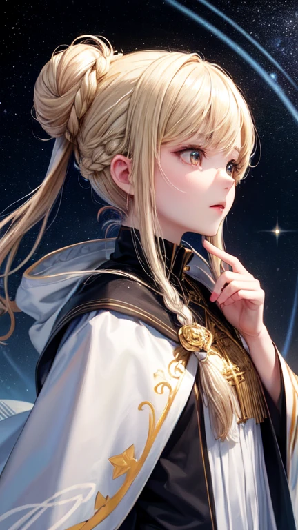 Portrait of a beautiful anime goddess,(masterpiece, Highest quality, Highest quality, Official Art, beautifully、aesthetic:1.2), (One person), Very detailed, (Fractal Art:1.3), colorful, Most detailed, Perfect Face, Upper Body, High resolution, (pray:1.3), (White cloak, golden lines:1.2), Milky Way,Sea of stars, (Streaks of Light),Magical Patterns, Impressive visuals, (Dynamic stripes, Light trail:1.2), Vibrant colors, Blonde,Braided bun hairstyle,Swept-apart bangs