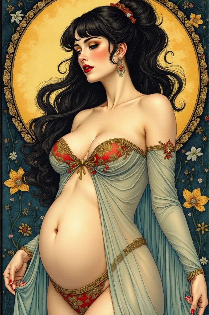 ((masterpiece)), (best quality), (Work), Art Nouveau watercolor painting , moon goddess , big breasts，robe，see-through thong，show  boob, show pussy，bare shoulders，show navel，Camel toe exposed，big eyes, long, thick eyelashes, plump lips, dark red eyes, hair long and thick, high ponytail, chubby, flowery_background, Intricate designs and patterns in the style of Alphonse Mucha.from the butt