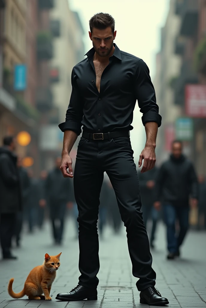 Ek creepy handsome man jisne black shirt and pent pehni h sadak kinare jha aas paas log aa jaa rhe h ginger kitten ko leg se kick krte huye