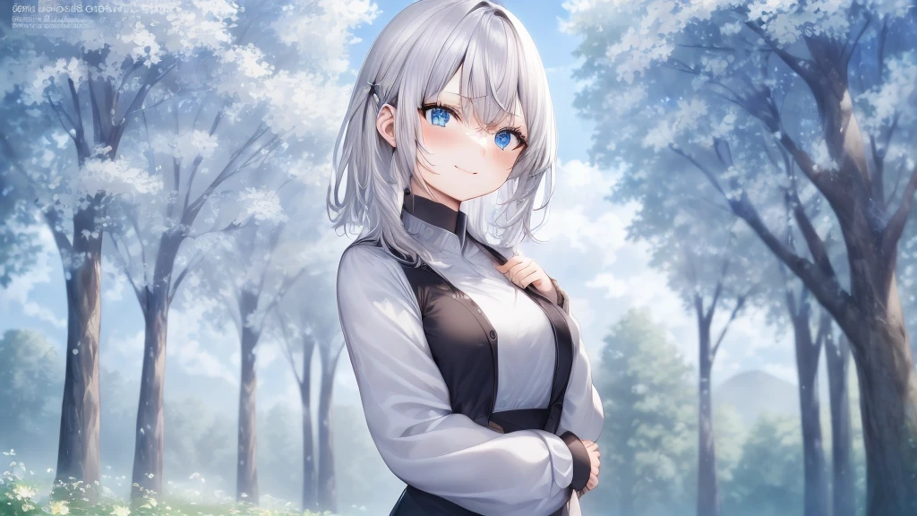 Ultra HD,Look at the viewers, Place your hands behind your back, and, 20-year-old, 非常にshort hair, Long bangs between the eyes, Pale blue eyes, Very detailed,(masterpiece、Highest quality),Gray Hair、Laughter、wonderful, Silver Hair, iris, short hair、 Fluttering Hair、Small face、明るいsmile、(Detailed face) ,Professional Lighting,wonderful風景,blue sky, sunlight,Looking down from above,Portraiture、Open your mouth、Flower Field、Her eyes were shining、Mysterious and enchanting atmosphere。With AI Painting、andてもshort hair, Long bangs between the eyes, Very detailed,(masterpiece、Highest quality)、alone、Gray Hair、Fantasy, Silver Hair, Fantasyな風景、smile、Open your mouth、short hair、short hair、hairpin、black eye、Grey Eyes、Beautiful Eyes、Black Shirt、White hoodie