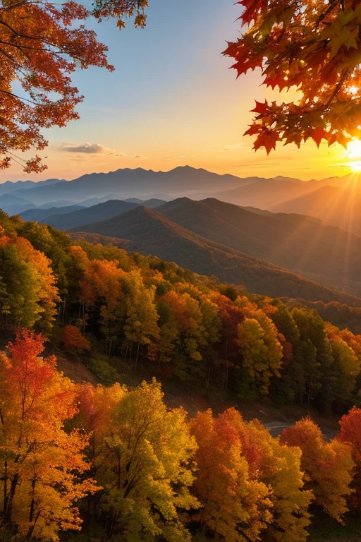 Mountain、autumn leaves、sunset