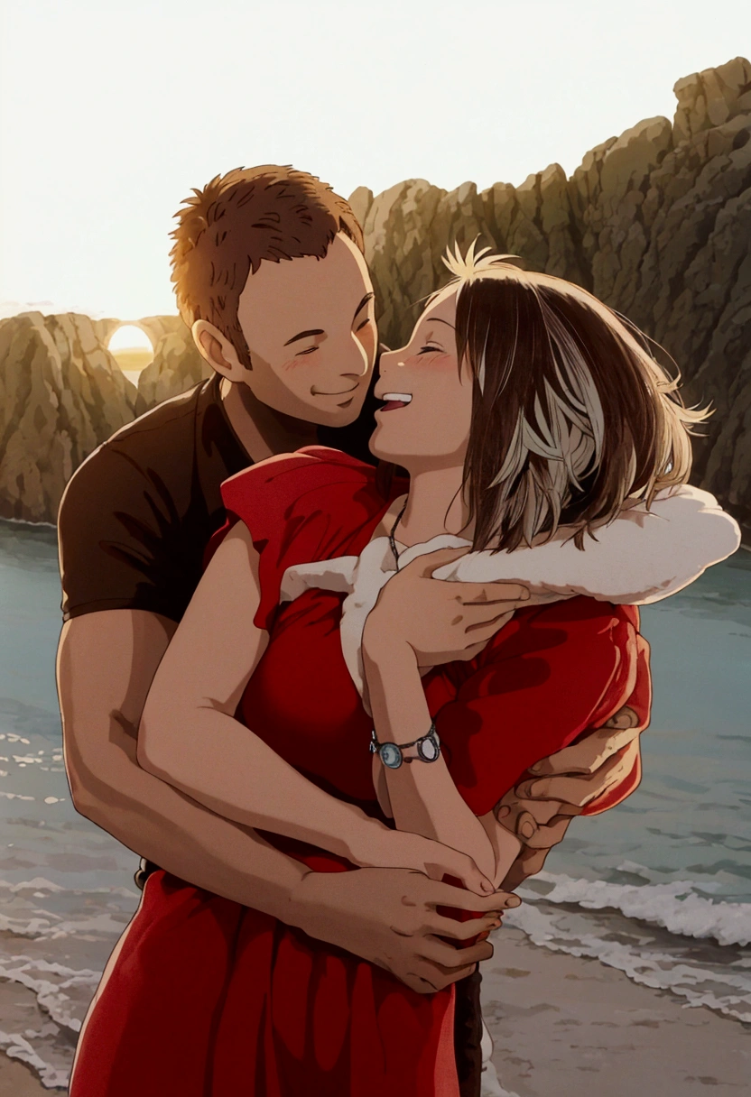 ghibli style, a man and woman hugging each other on a beach, smiling couple, man and woman in love, couple pose, happy couple, lovely couple, by Anna Haifisch, profile pic, by Karl Völker, smiling at each other, by Emma Andijewska, man and woman, romantic couple, by Matija Jama, cute photo, instagram photo