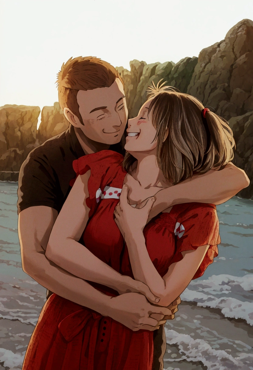 ghibli style, a man and woman hugging each other on a beach, smiling couple, man and woman in love, couple pose, happy couple, lovely couple, by Anna Haifisch, profile pic, by Karl Völker, smiling at each other, by Emma Andijewska, man and woman, romantic couple, by Matija Jama, cute photo, instagram photo