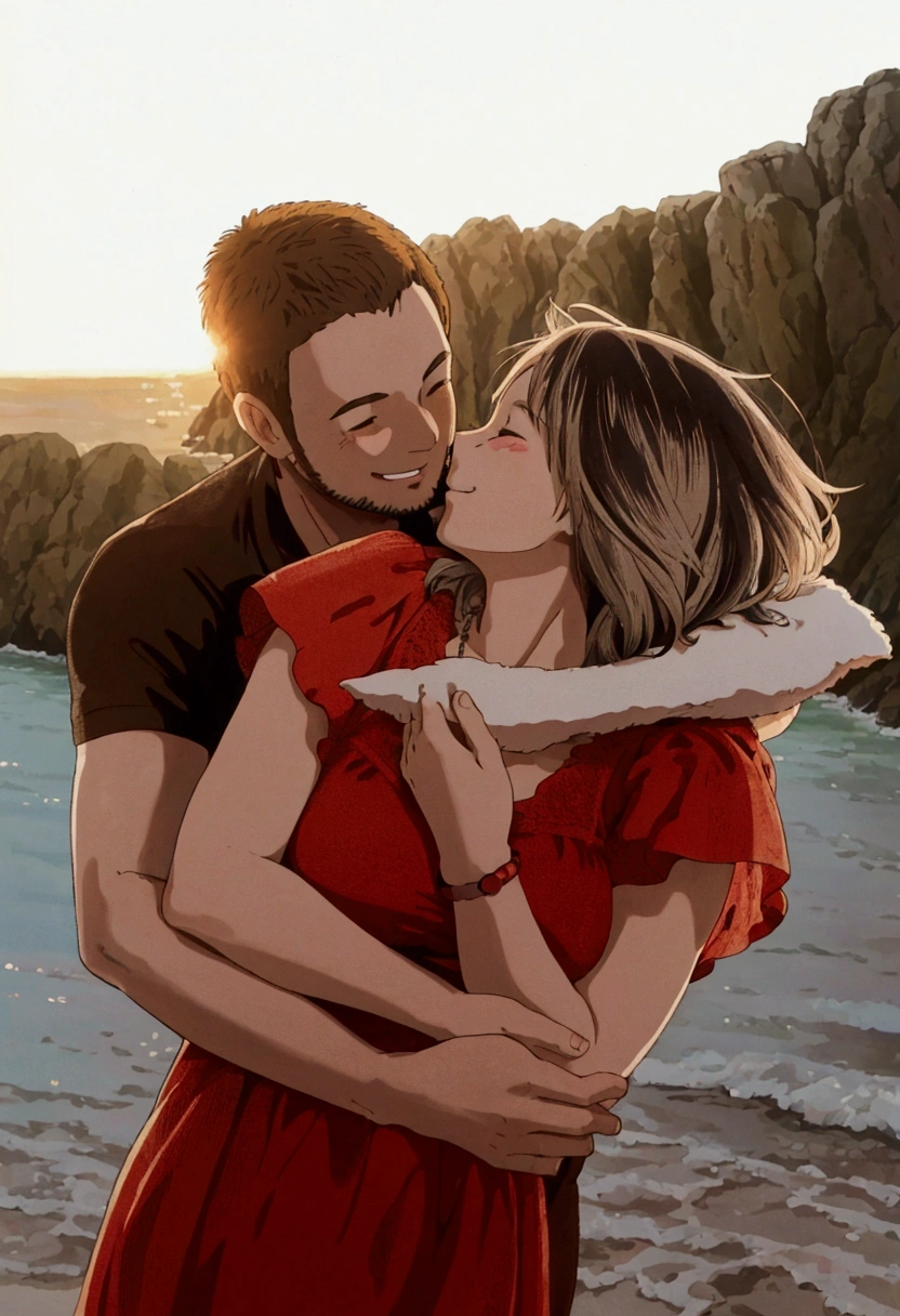 ghibli style, a man and woman hugging each other on a beach, smiling couple, man and woman in love, couple pose, happy couple, lovely couple, by Anna Haifisch, profile pic, by Karl Völker, smiling at each other, by Emma Andijewska, man and woman, romantic couple, by Matija Jama, cute photo, instagram photo