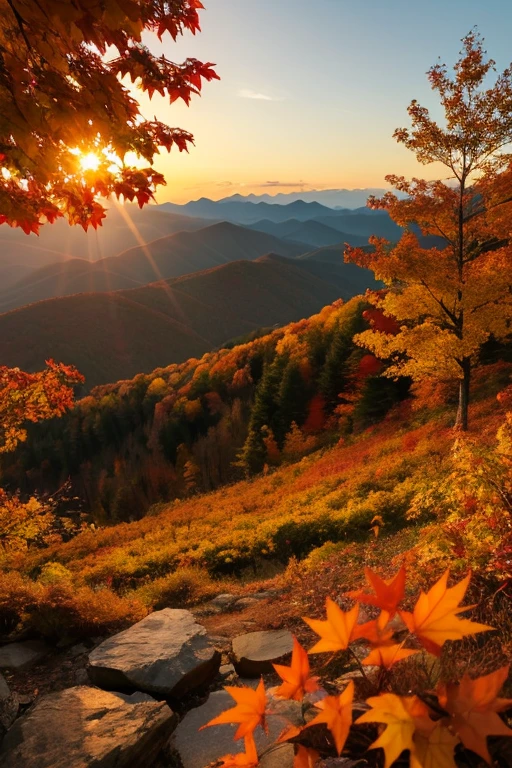 Mountain、autumn leaves、sunset