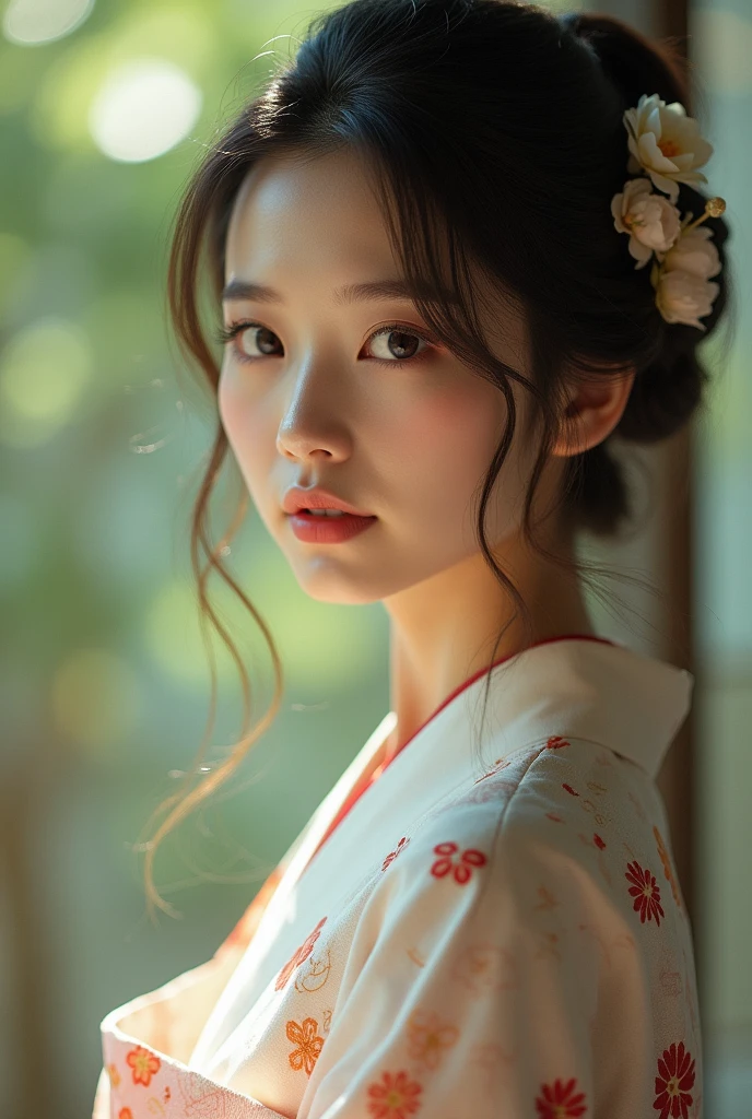An elegantly dressed Japanese woman in natural light、A close-up of her chest and calm expression.、It shows her inner peace and outer charm.。