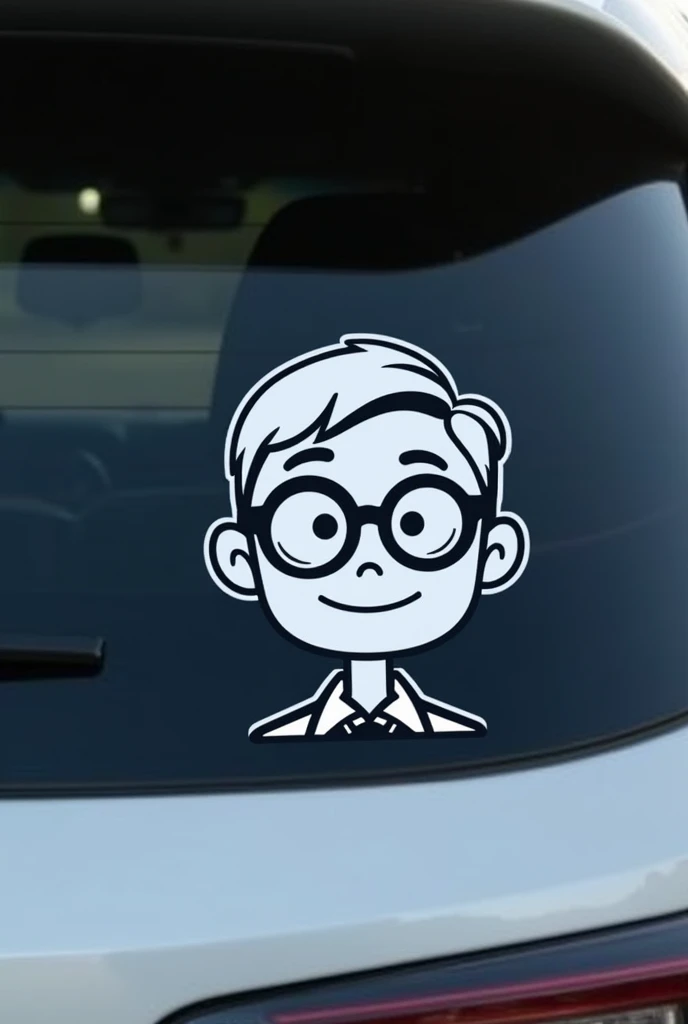 Small sticker of the outline of a cartoon man with glasses for the rear windshield of a 2024 Toyota Rush