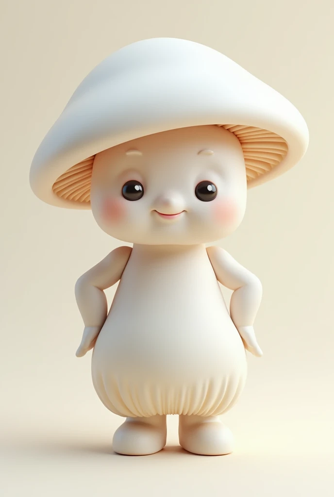 Create a high-quality 3D character of a unique white mushroom with a charismatic and confident appearance. The mushroom should have a smooth and round hat with a slight sheen, giving it a clean and polished look. The hat should be slightly larger than the stem, with a smooth curve on the edges. The character should have two expressive eyes near the top of the stem, with a confident and playful glow. The mouth should feature a subtle smile, conveying a self-assured vibe. The stem should be slightly tapered, with a natural texture reminiscent of a real mushroom, but still maintaining a polished and stylized appearance. The overall design should be friendly and approachable, but with a distinct personality that stands out, making it perfect as a mascot or brand persona. The character should be posed in a way that exudes confidence, possibly with one side of the body slightly forward and the head tilted just enough to emphasize the smile. The environment should be minimalist, ensuring the focus remains on the character, with soft lighting that highlights the mushroom's features, Make him muscular and masculine.