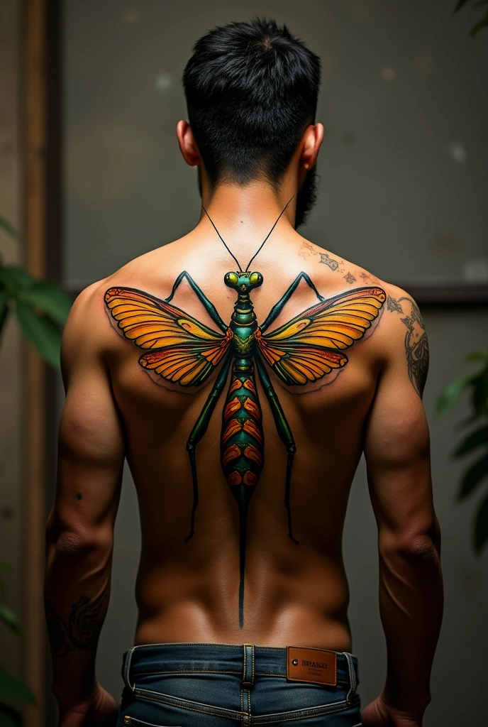 Incredible tattoo of a golden mantis on the back of a Latino man